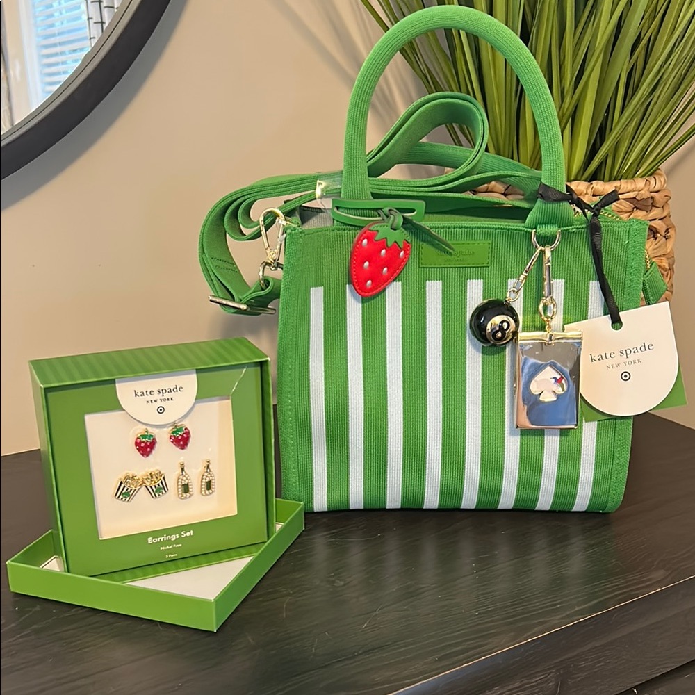 Kate Spade Green and White Striped Tote